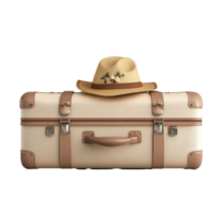 Stylish travel suitcase with a hat on top png