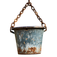 Metal bucket hanging from a rusted chain png