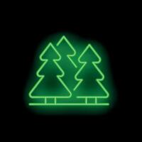 Green neon sign showing three evergreen trees on black background vector