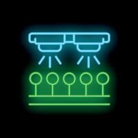 Neon icon of irrigation system watering plants growing in row vector