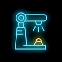 Neon icon of a robotic arm picking up a microchip on dark background vector