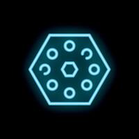 Neon style icon showing a hexagon with circles inside on black background vector