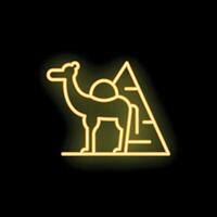 Neon sign representing a camel standing near a pyramid vector