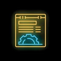Neon icon of a document containing a circular saw blade for woodworking projects vector