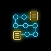 Neon algorithm processing data with documents connected by lines on black background vector