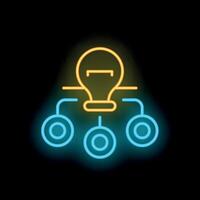 Neon icon of light bulb connected to three circles representing sharing ideas vector