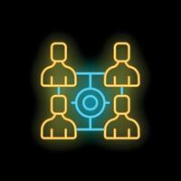 Neon icon of four businesspeople collaborating with target in the middle vector
