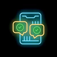 Neon icon of smartphone showing validated messages for online communication vector