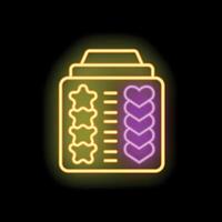 Neon icon of customer satisfaction survey with rating stars and hearts displaying different levels vector