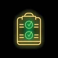 Neon green clipboard showing check marks on black background vector