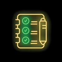 Neon notepad with checked task list and pen on black background vector