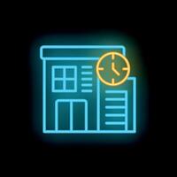 Blue neon office building facade with clock showing working hours vector