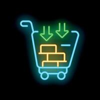 Neon shopping cart losing value with bricks falling out vector