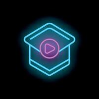 Neon sign of open package with a play button inside on a black background vector