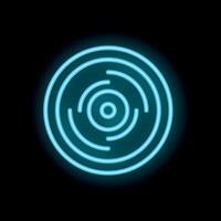 Blue neon sign showing a circle shape with concentric rings on a black background vector