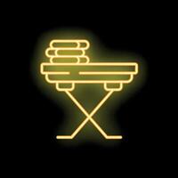 Neon ironing board with folded clothes on top glowing on black background vector