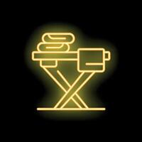 Neon ironing board with iron and folded clothes on black background vector