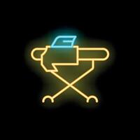 Neon ironing board with iron on black background vector