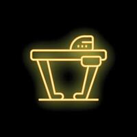 Glowing neon icon of ironing board with iron on black background vector