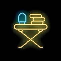 Glowing neon line icon of ironing board with iron on black background vector