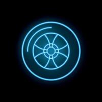 Neon icon of car wheel with disk brake glowing in blue color vector