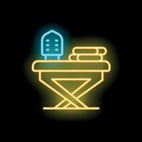 Neon ironing board with iron and folded clothes on black background vector