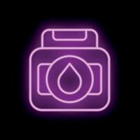 Purple neon sign of a jerrycan with a drop of liquid inside on a black background vector
