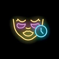 Woman applying eye patches neon light sign with timer showing time left vector