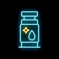 Glowing neon line cosmetic bottle icon isolated on black background for your projects vector