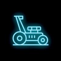 Blue neon sign of a lawn mower for gardening and landscaping on a black background vector