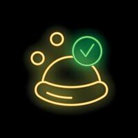 Neon green ufo with check mark icon on black background vector