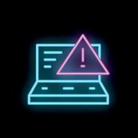 Neon cyber security warning alert on laptop computer icon vector