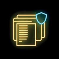Neon icon of documents with shield representing data protection vector