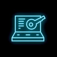 Neon icon of laptop showing key over circular padlock representing cybersecurity vector