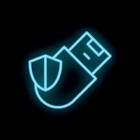 Neon usb flash drive icon protected with shield for data security vector