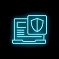 Neon blue icon of laptop displaying security shield for data protection vector