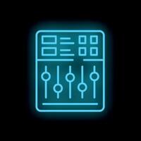 Neon icon of audio mixer with faders and buttons glowing on dark background vector