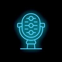 Blue neon microphone icon glowing on dark background vector