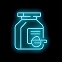 Blue neon icon of a supplement container with a measuring scoop glowing on a black background vector