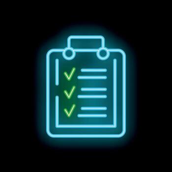 Neon green check mark on clipboard representing completed tasks vector