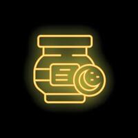 Yellow neon sign of a jar with a crescent moon for ramadan iftar time vector