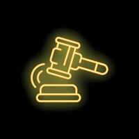 Yellow neon gavel striking sound block icon on black background vector