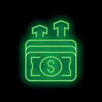 Neon green wallet increasing money value with up arrows on black background vector