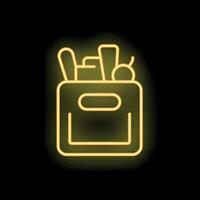 Glowing neon icon of a cardboard box full of groceries on a black background vector