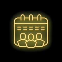 Neon icon of three people attending meeting marked on calendar vector