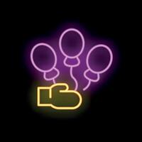 Hand holding three balloons neon sign on black background vector