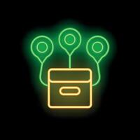 Neon green location pins pointing to a yellow package on a black background vector