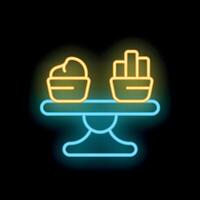 Neon sign representing healthy lifestyle food choice with salad and fries balancing on scale vector