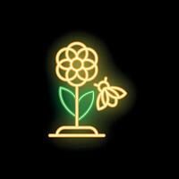 Glowing neon icon of a bee pollinating a flower vector