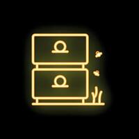 Yellow neon icon of a beehive with bees flying around on black background vector